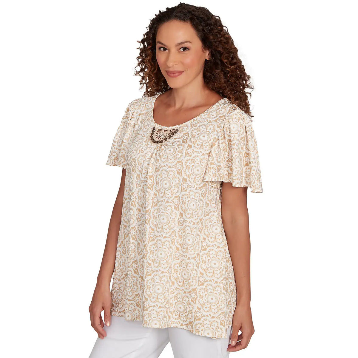 Camiseta con estampado en relieve de macramé con cuentas, yute, varios - Ruby Rd