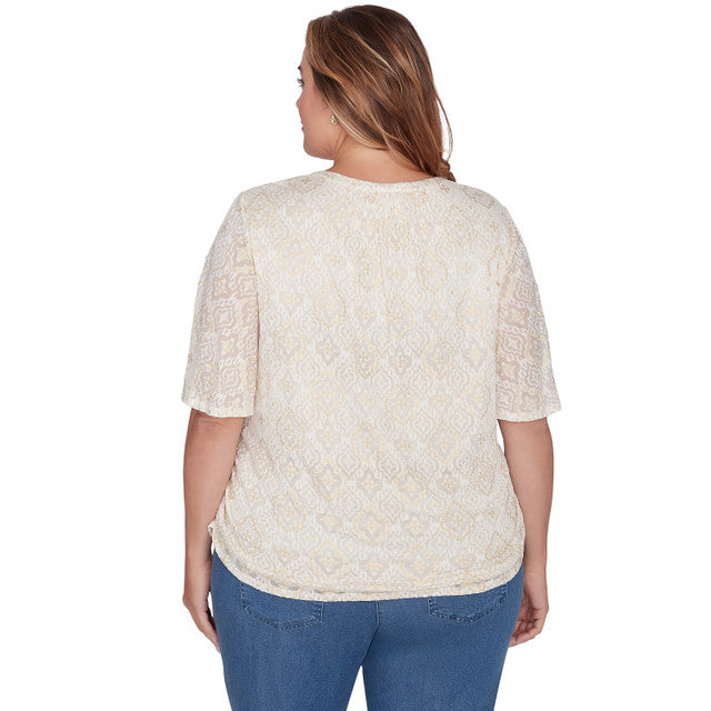 Blusa de punto de chifón con estampado metalizado, talla grande, color marfil - Ruby Rd