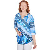 Top Ruby Rd con cuello con abertura, estampado a rayas y mangas enrollables