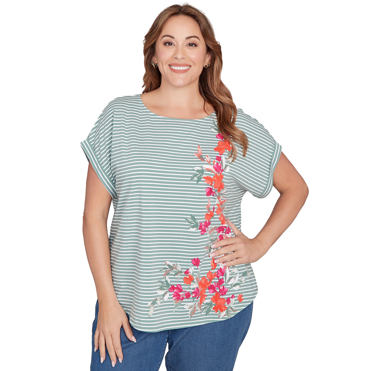 Camiseta de punto de rayas florales talla grande Plus Bayleaf Multi - Ruby Rd