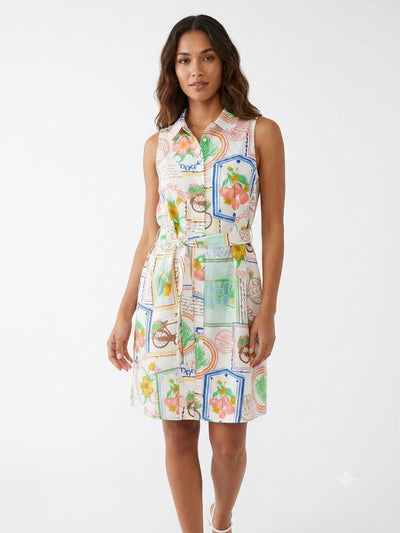 Vestido Estampado Lino Sintético con Frutas y Flores - Noventa