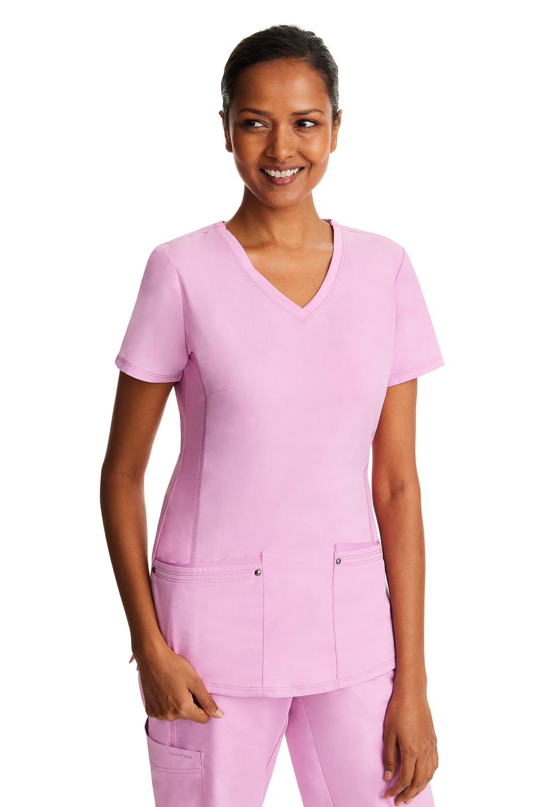 Uniforme de punto de yoga con cuello en V rosa taffy