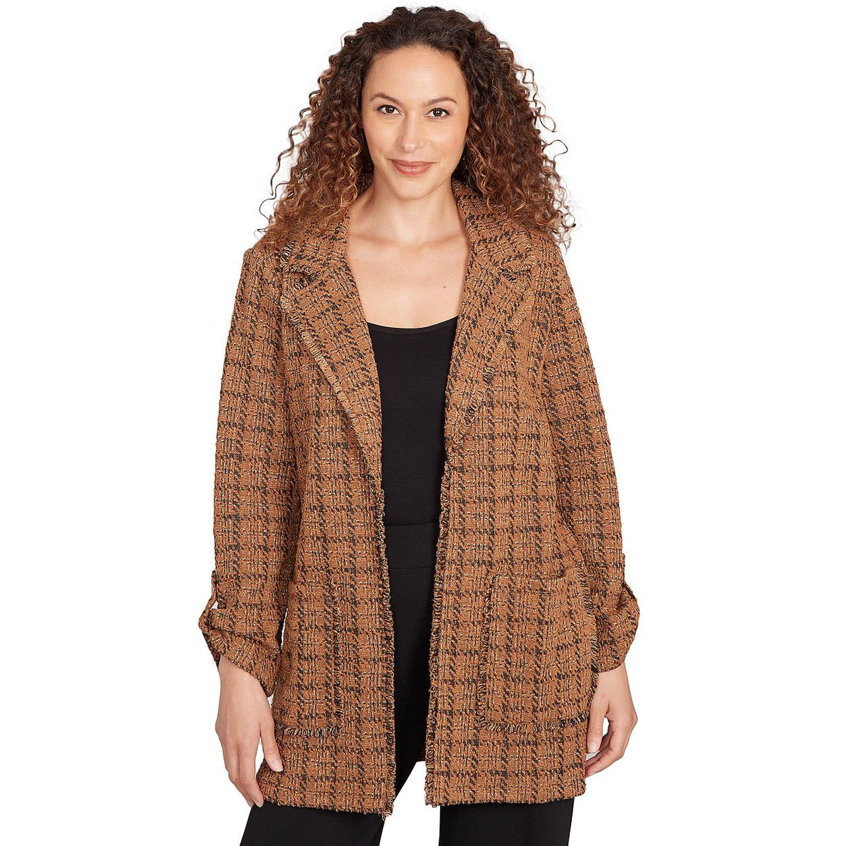 Chaqueta Plaid de Frente Abierto Negro Castaño - Ruby Rd