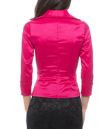 Blusa de tafetán color magenta con escote en V, nudo frontal y manga 3/4 - Marina