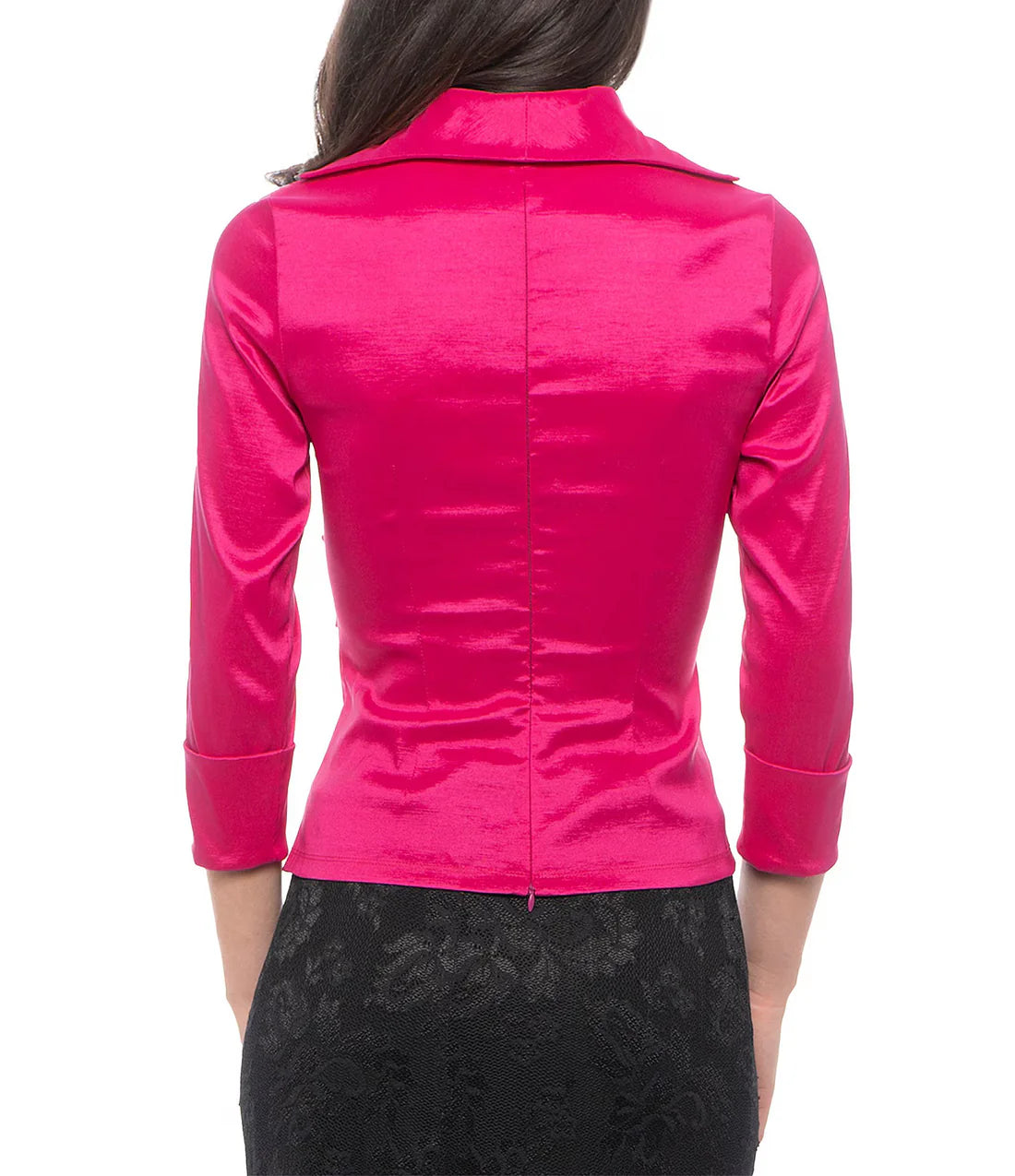 Blusa de tafetán color magenta con escote en V, nudo frontal y manga 3/4 - Marina