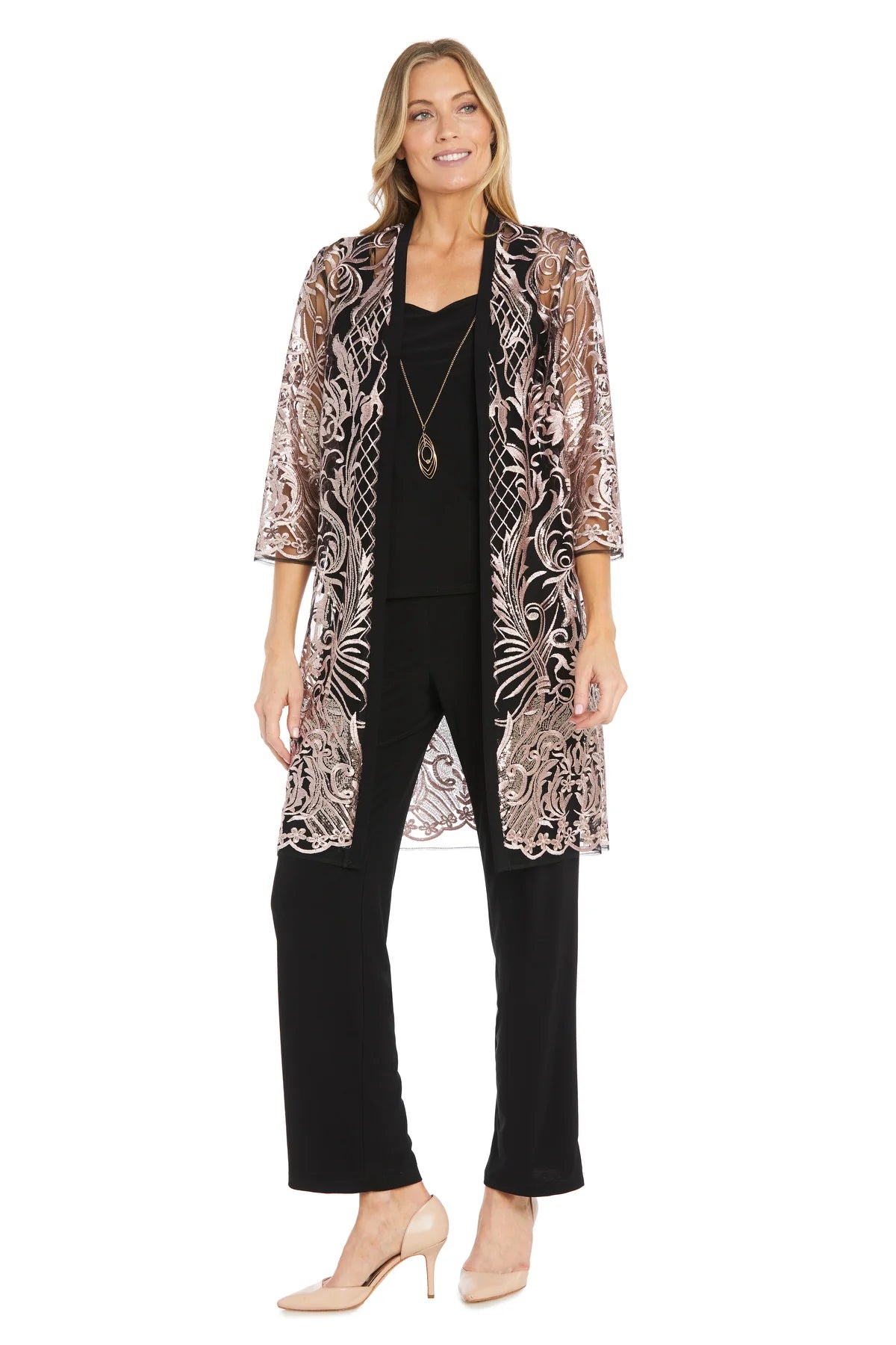 Conjunto de pantalón de 3 piezas con lentejuelas, encaje bordado, rosa/negro