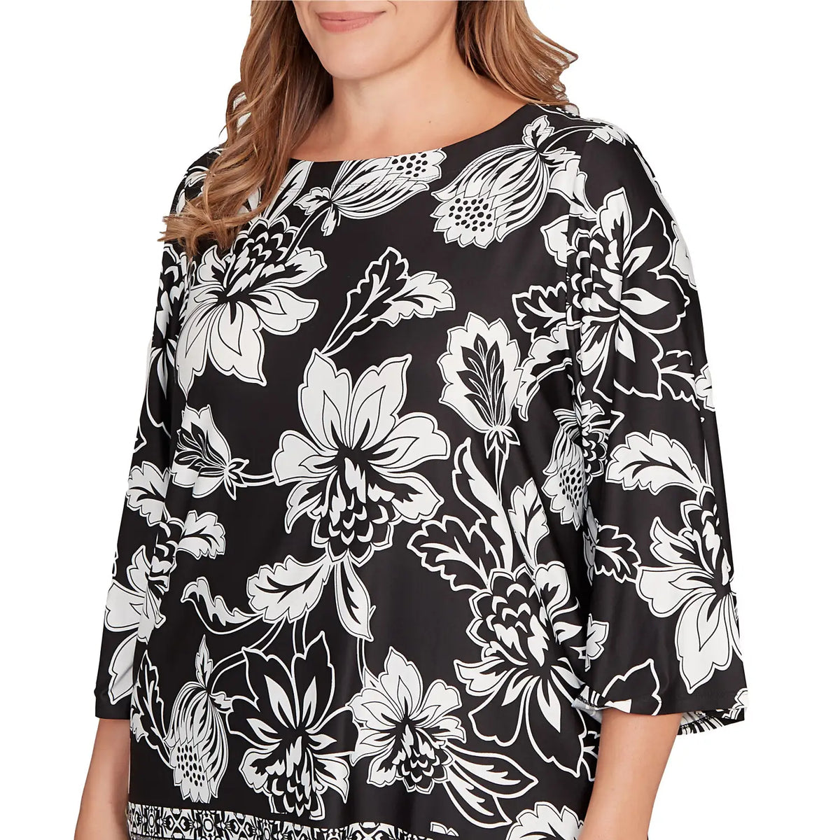 Blusa de punto Plus Floral Geo Border Negro/Blanco - Ruby Rd