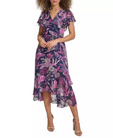 Vestido Estampado de Manga Corta Acampanada Midi Azul Marino Multicolor - Siena