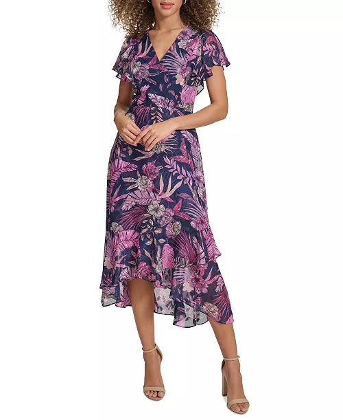 Vestido Estampado de Manga Corta Acampanada Midi Azul Marino Multicolor - Siena