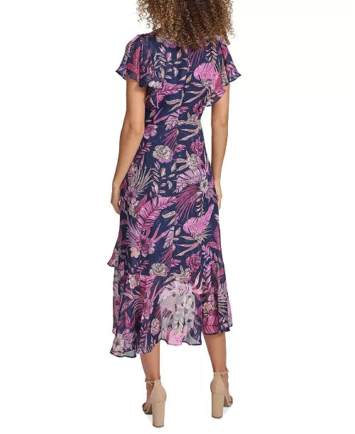 Vestido Estampado de Manga Corta Acampanada Midi Azul Marino Multicolor - Siena