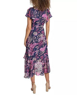 Vestido Estampado de Manga Corta Acampanada Midi Azul Marino Multicolor - Siena