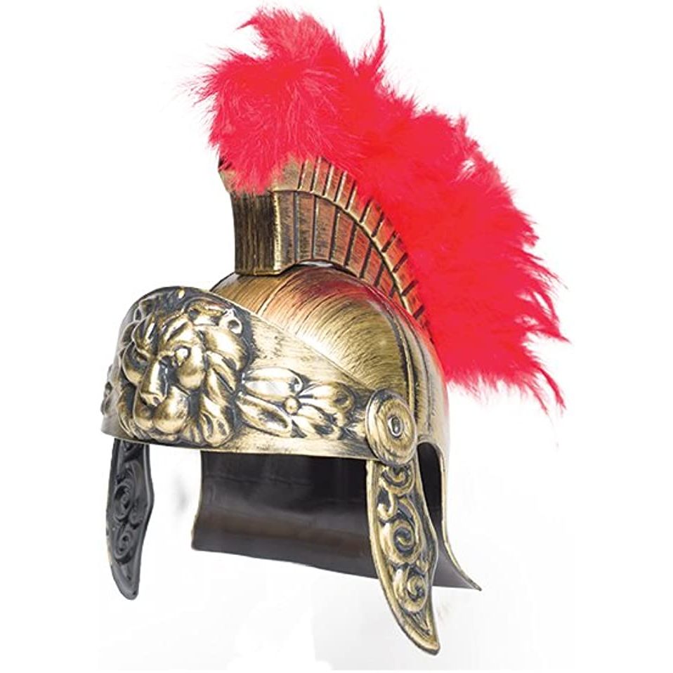 Casco de gladiador con león, pluma roja y oro