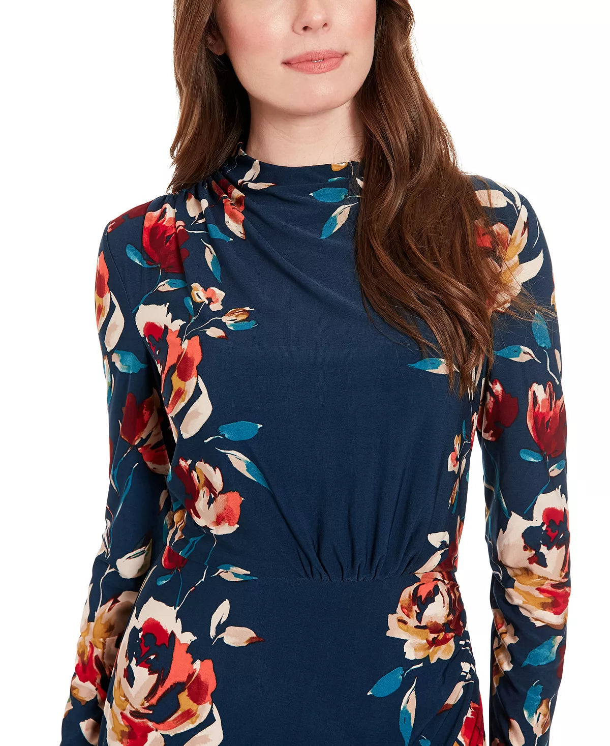 Vestido de manga larga con cuello drapeado, color verde azulado estampado - London Times