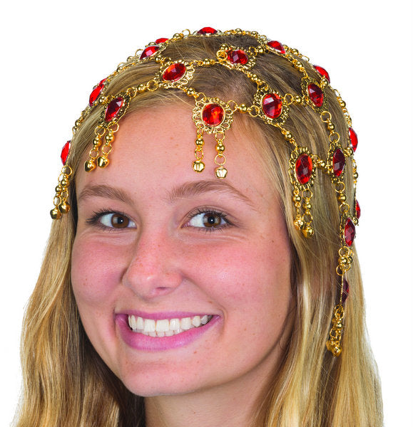 Tocado dorado con gemas rojas