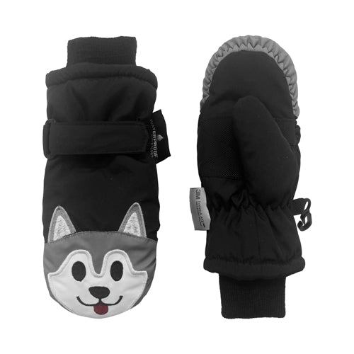Manoplas de esquí impermeables para niños (2-4 años) con diseño de perro en color negro