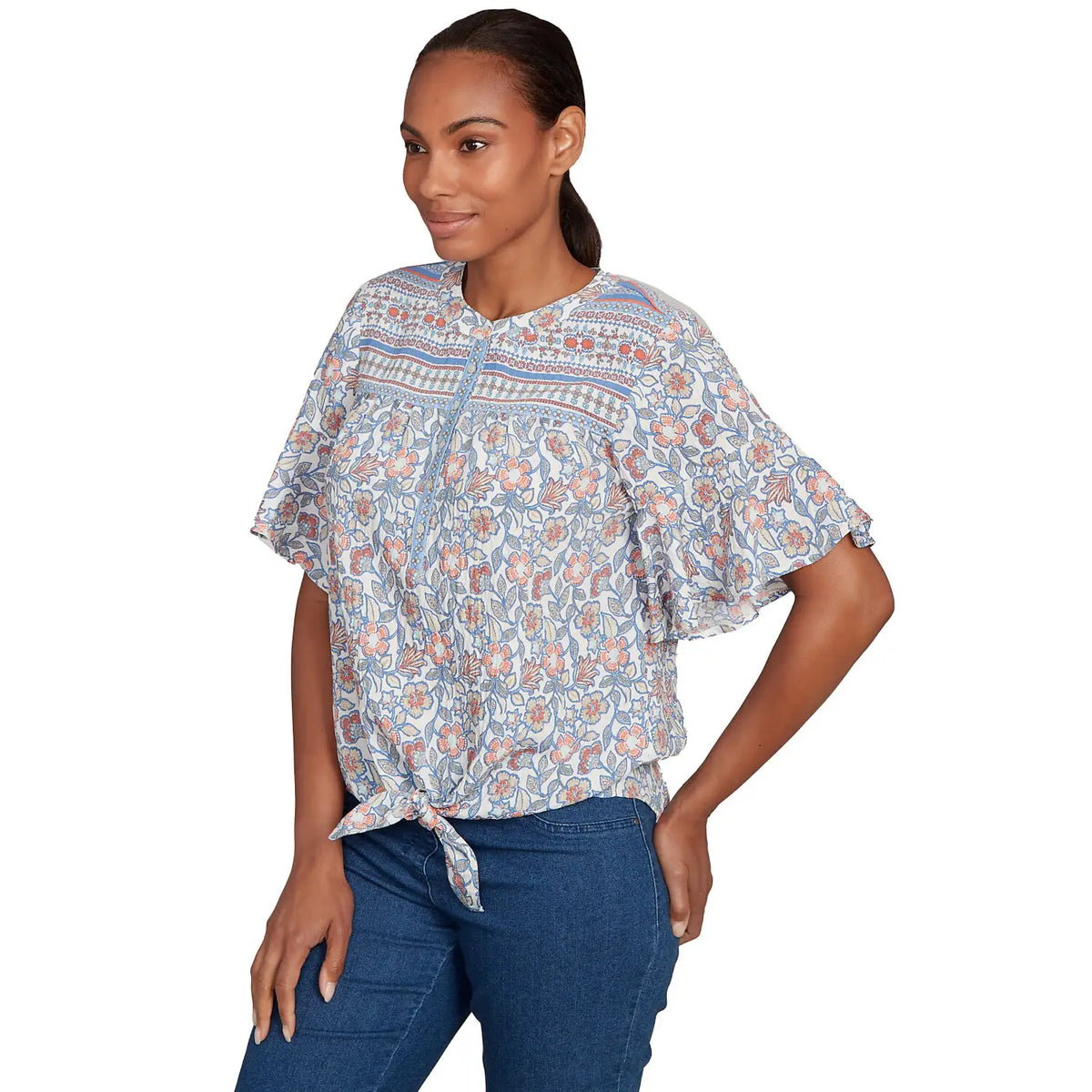 Camiseta Henley Floral con Nudo Delantero Vintage Arándano - Ruby Rd