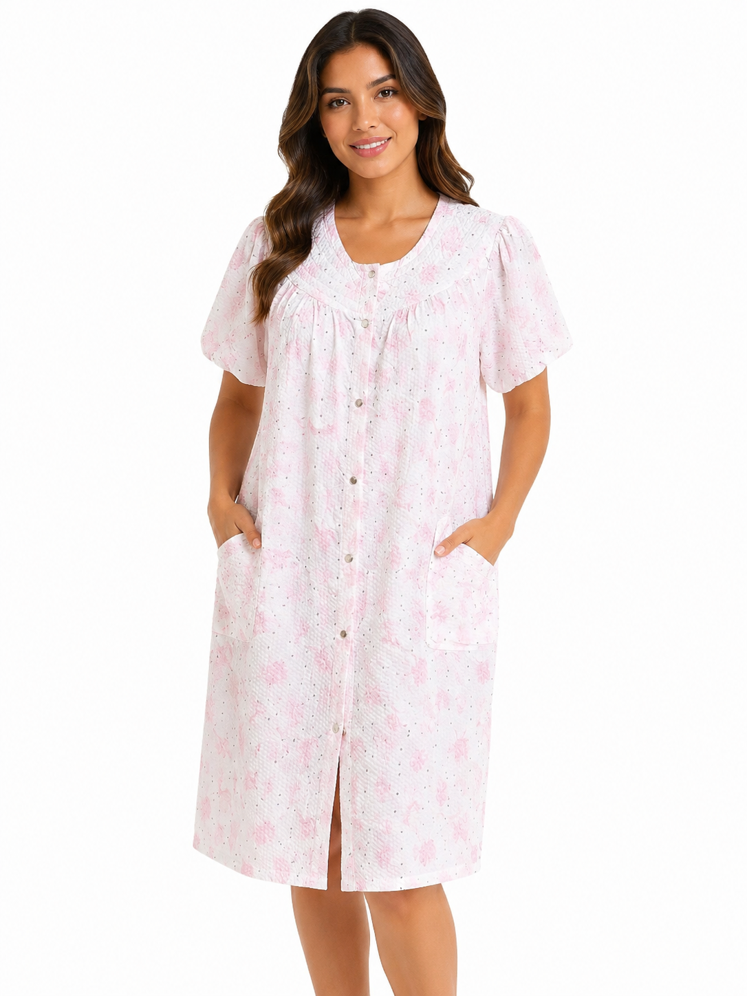 Ladies Trapunto Duster w /  Snaps & Pockets , Floral Pink