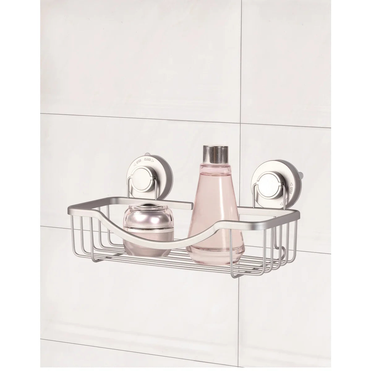 Estante de ducha de aluminio plateado con sistema Turn-n-Lock