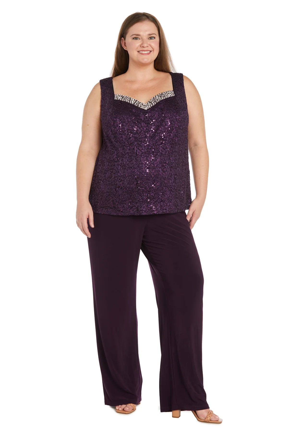 Traje de pantalón de encaje de 3 piezas con lentejuelas delicadas a - Talla Grande Ciruela - RM Richards