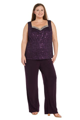Traje de pantalón de encaje de 3 piezas con lentejuelas delicadas a - Talla Grande Ciruela - RM Richards