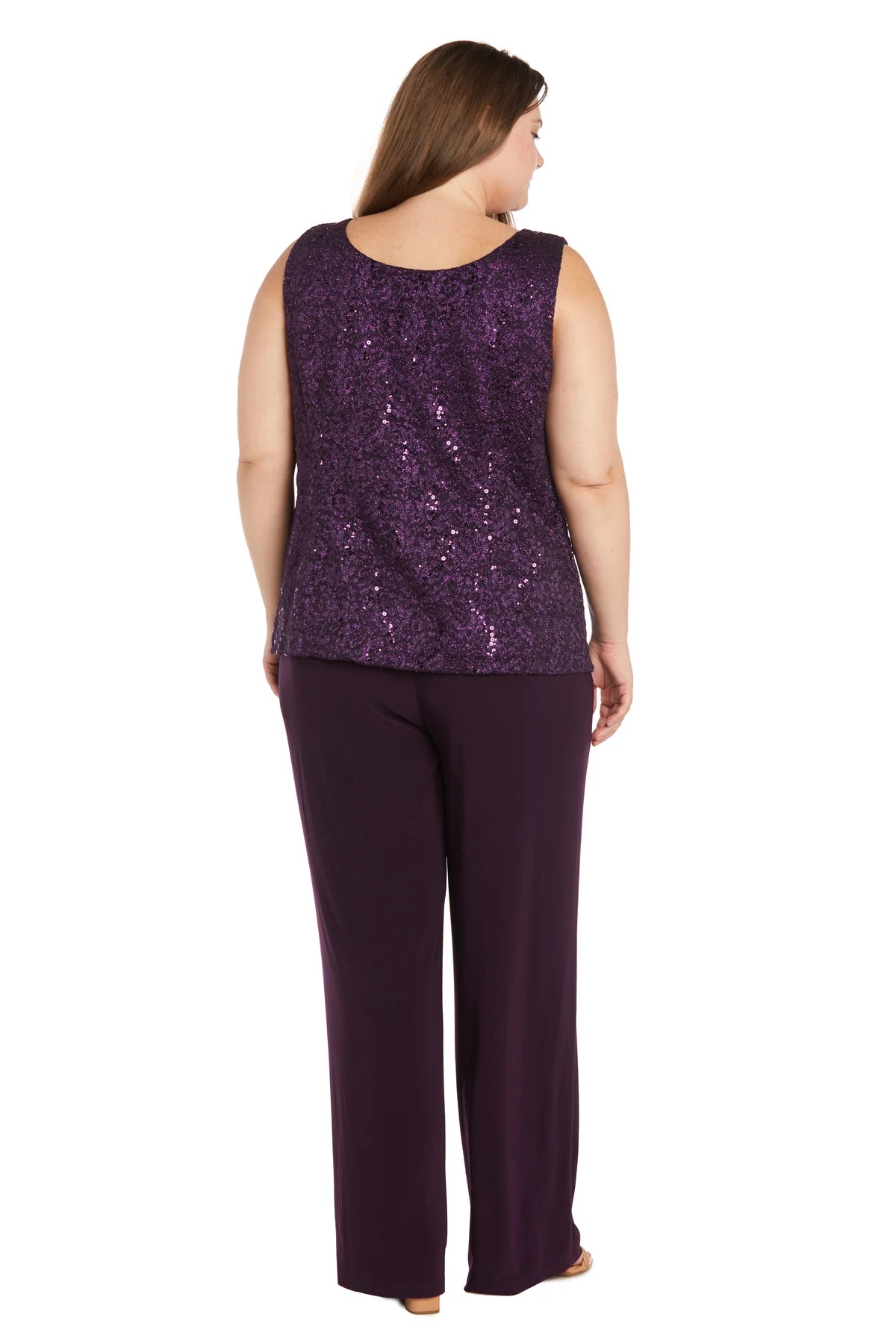 Traje de pantalón de encaje de 3 piezas con lentejuelas delicadas a - Talla Grande Ciruela - RM Richards