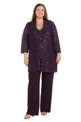 Traje de pantalón de encaje de 3 piezas con lentejuelas delicadas a - Talla Grande Ciruela - RM Richards