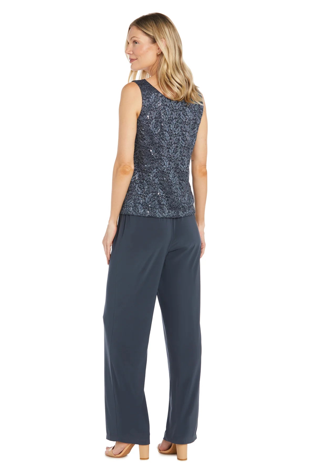 Traje de pantalón de 3 piezas de encaje con delicadas lentejuelas y escote detallado con perlas Carbón