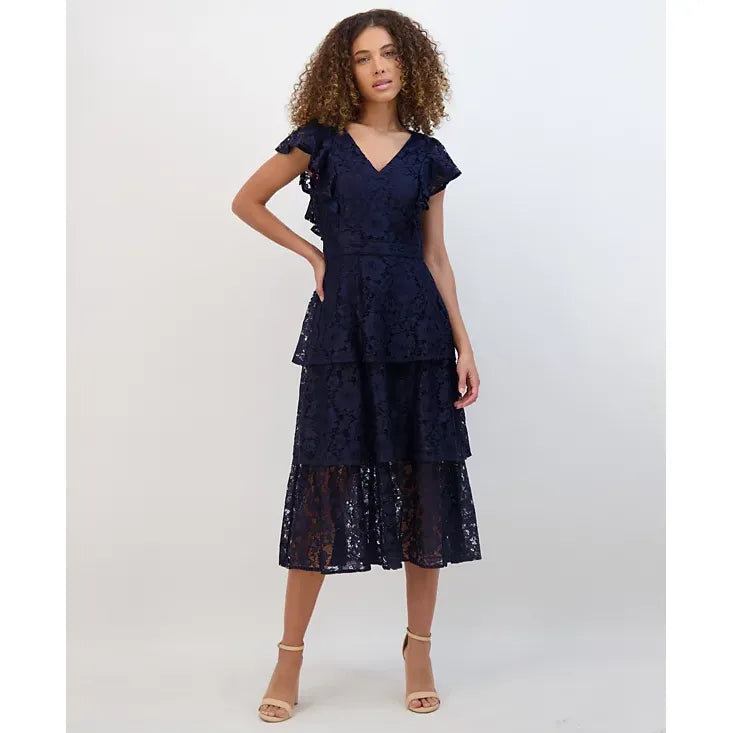 Vestido midi de encaje escalonado azul marino - Kensie