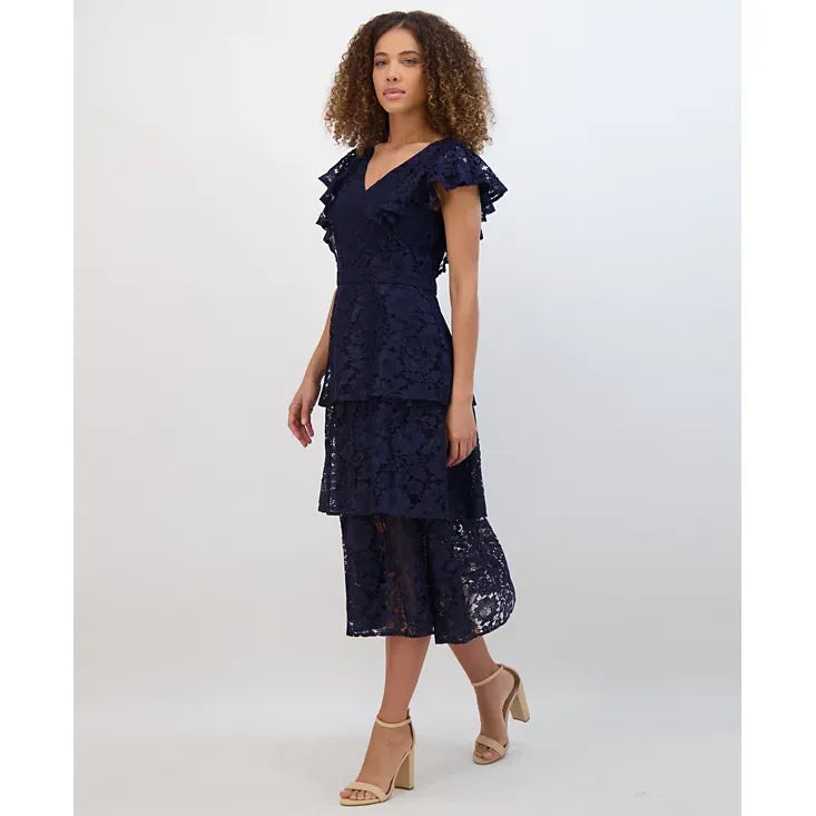 Vestido midi de encaje escalonado azul marino - Kensie