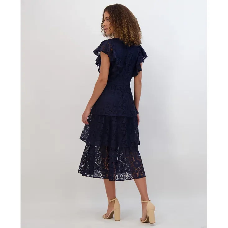 Vestido midi de encaje escalonado azul marino - Kensie