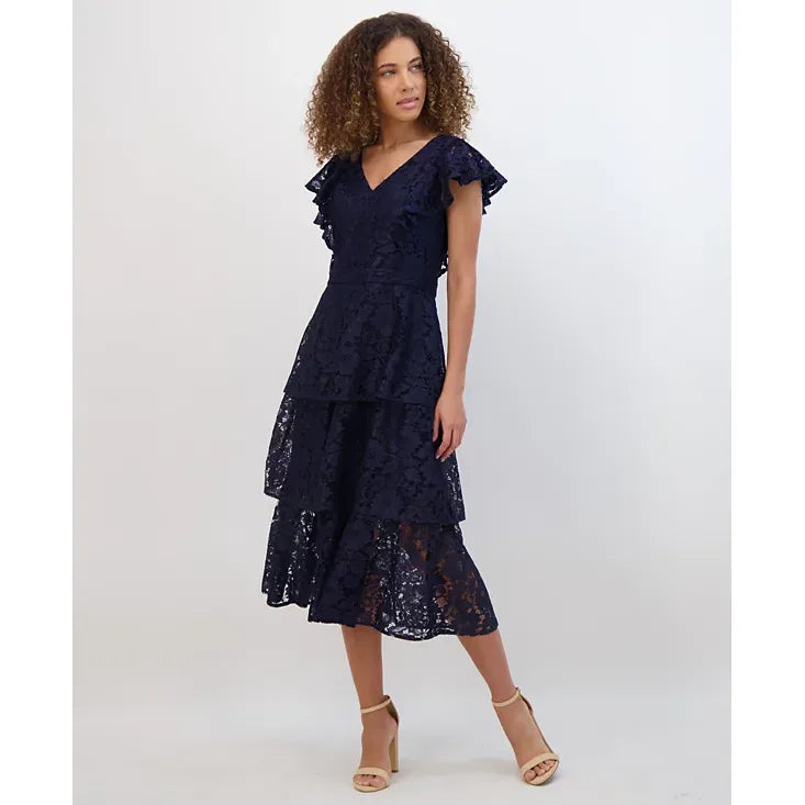 Vestido midi de encaje escalonado azul marino - Kensie