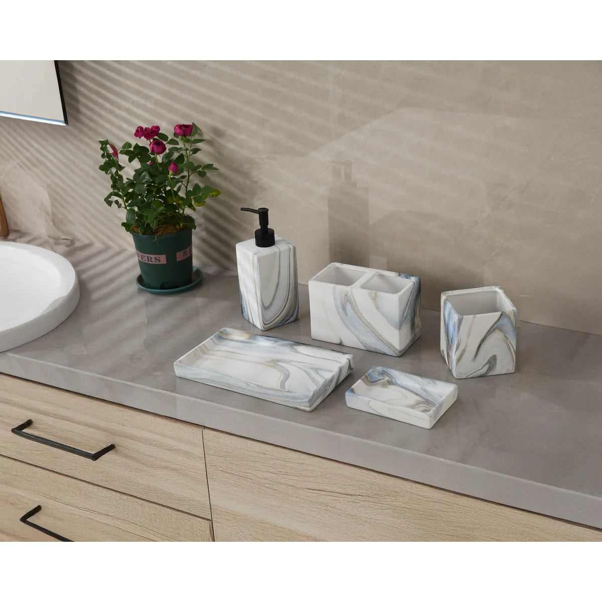 Juego de 7 accesorios de baño con diseño de mármol azul
