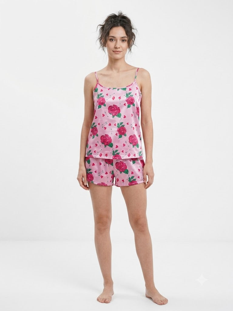 Conjunto de pijama de 2 piezas de satén para mujer, camiseta sin mangas y shorts, estampado floral rosa