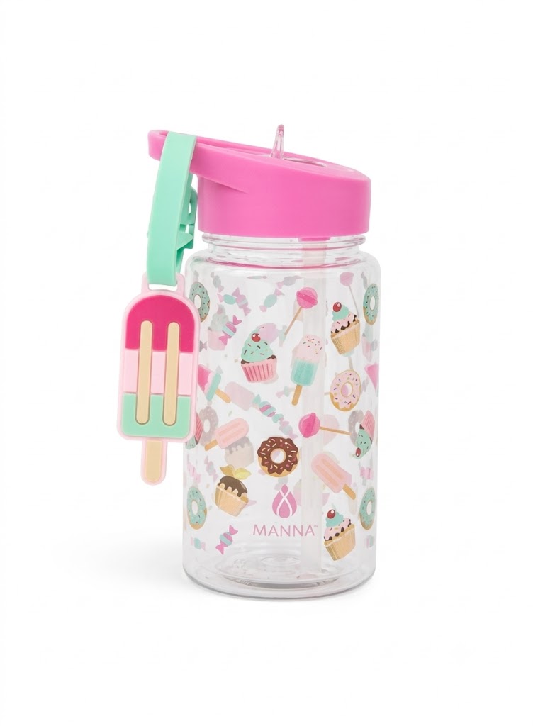 Botella de agua con pajita de 450 ml Buddy - Estampado de paletas con etiqueta