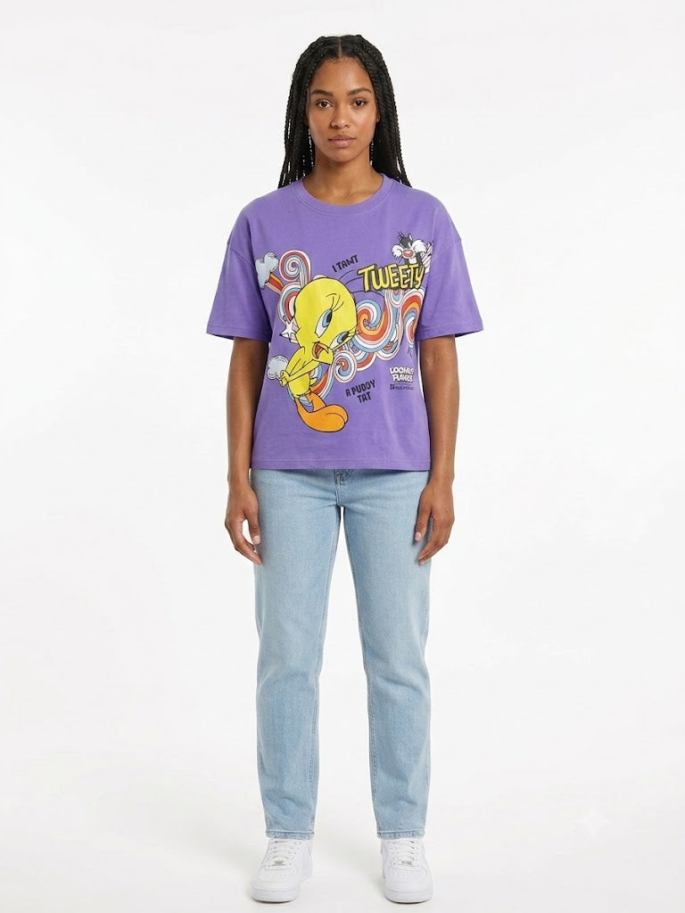 Playera corta Tweety Boxy Morada