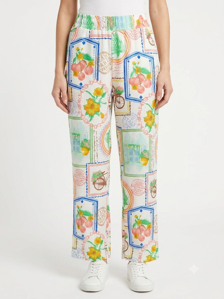 Pantalones con estampado floral y de frutas - Blanco-Verde - Noventa