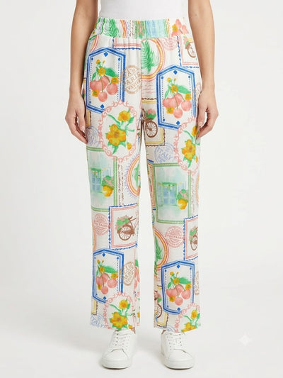 Floral and Fruit Print Trousers - White-Green- Ninety