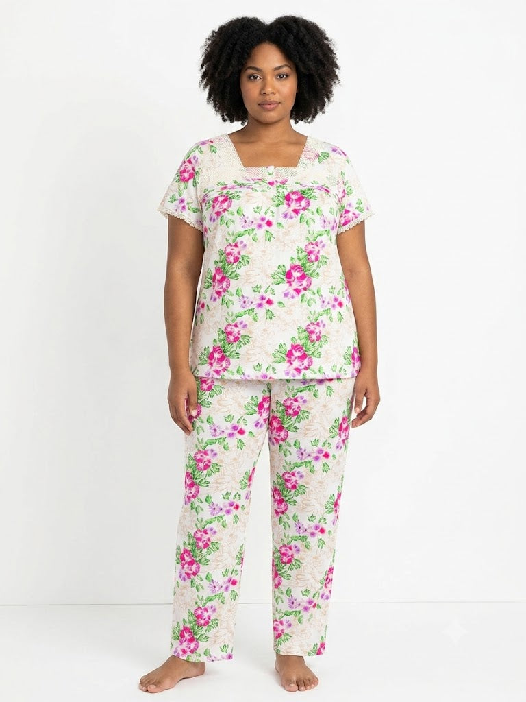 Conjunto de pijama de 2 piezas para dama, top y pantalón de manga corta, floral morado