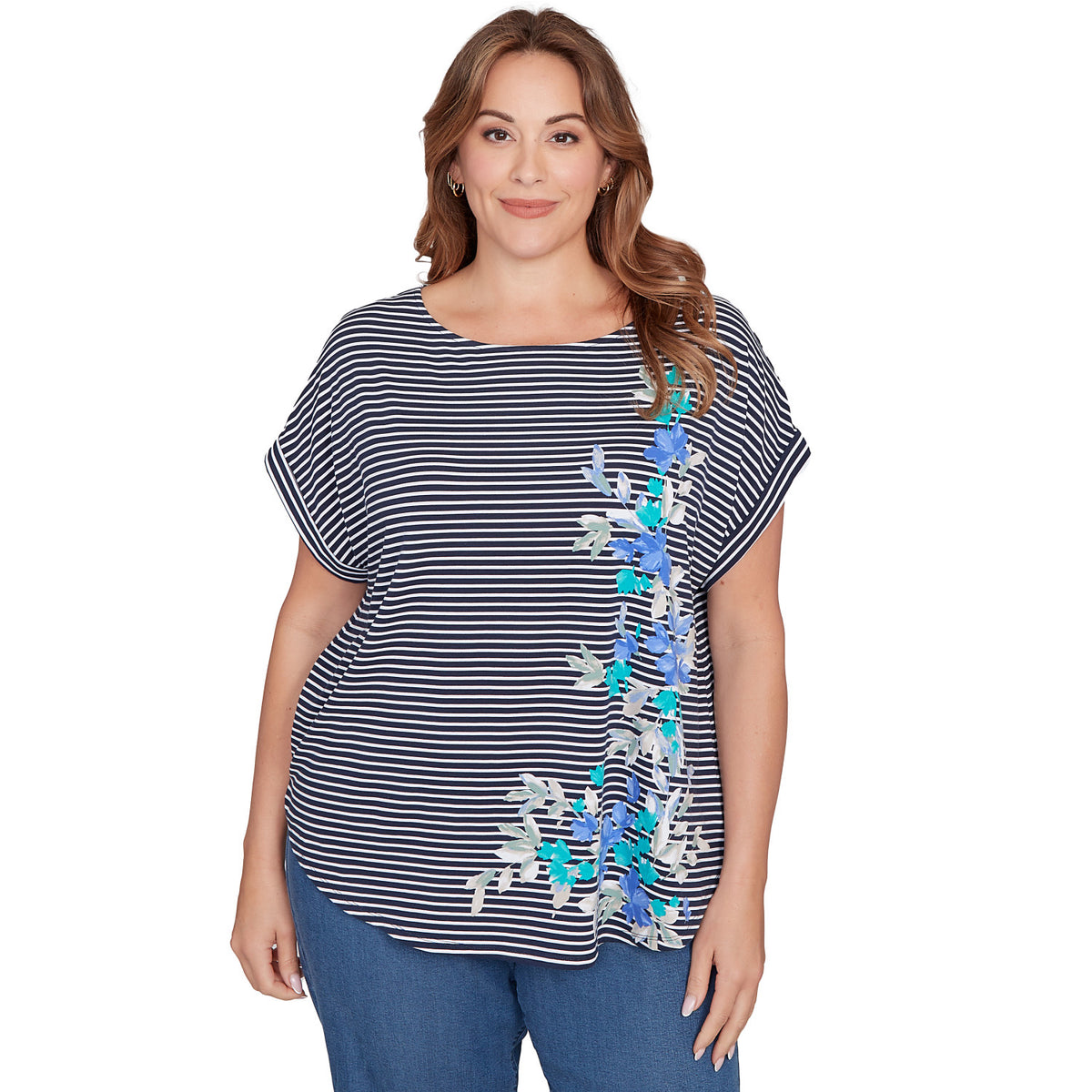 Camiseta de punto a rayas florales talla grande azul marino multicolor - Ruby Rd