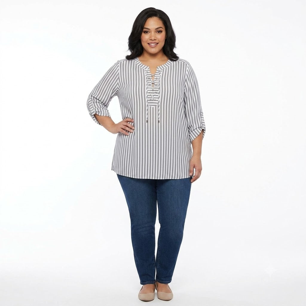 Ruby Rd. X Blusa de rayas blancas y grises