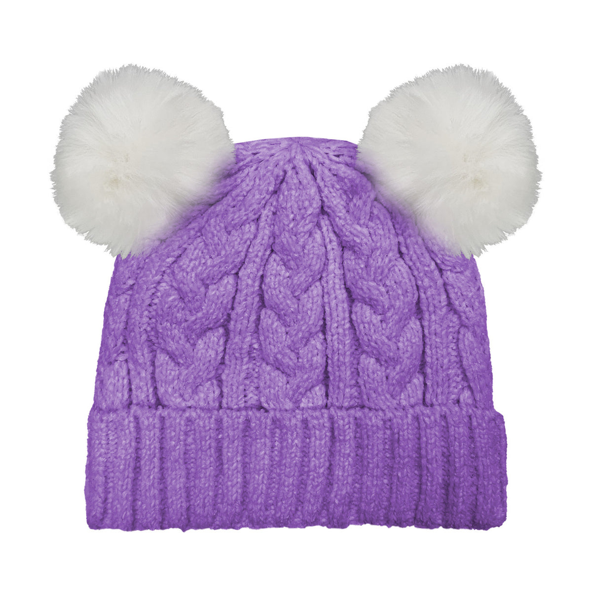 GORRO DE PUNTO DE OCHO CON DOBLE POMPÓN DE PELO SINTÉTICO PÚRPURA