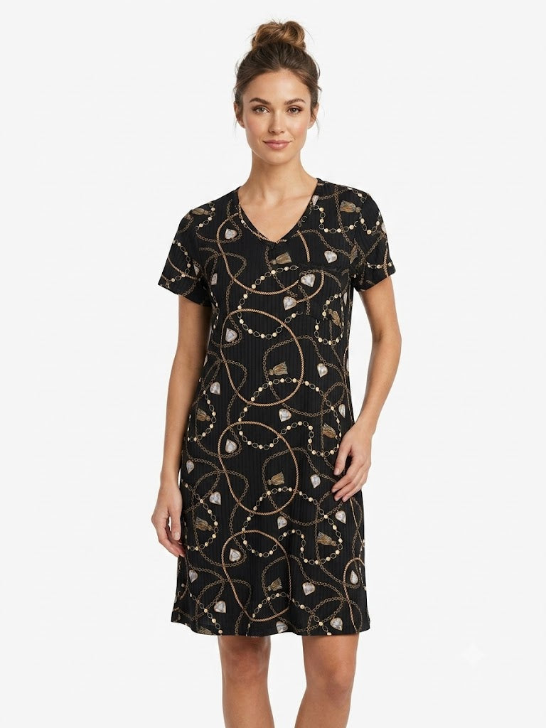 Camisón de mujer de canalé con cuello en V, Chans, Negro/Dorado