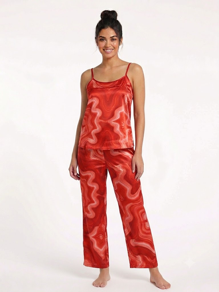 Conjunto de pijama de 2 piezas para mujer de satén con camiseta sin mangas y pantalones, color rojo