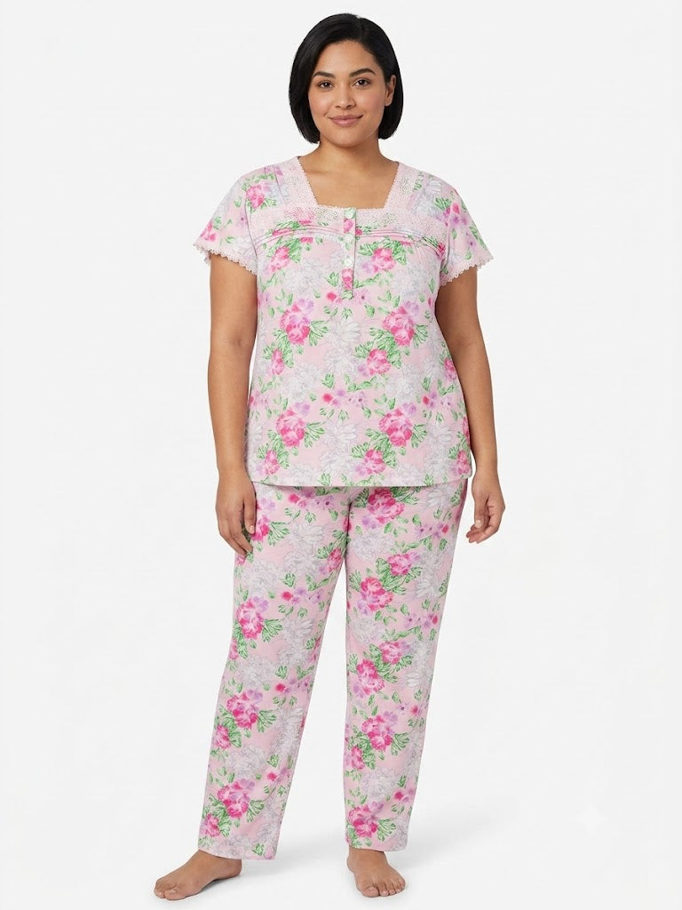 Conjunto de pijama de 2 piezas para dama, top y pantalón, floral rosa