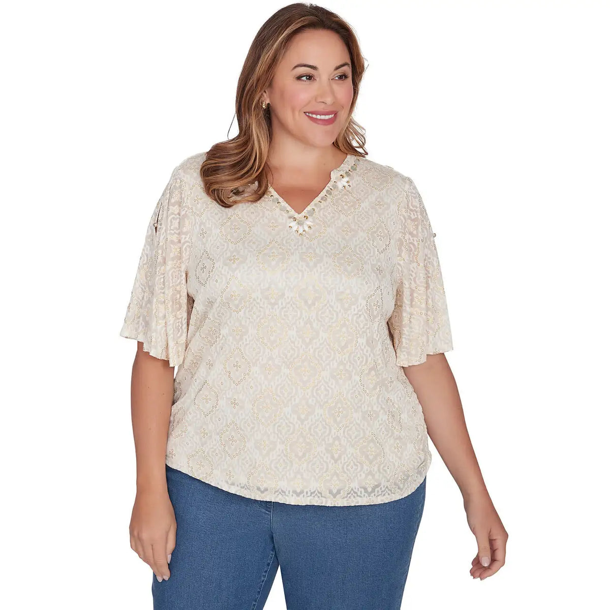Blusa de punto de chifón con estampado metalizado, talla grande, color marfil - Ruby Rd