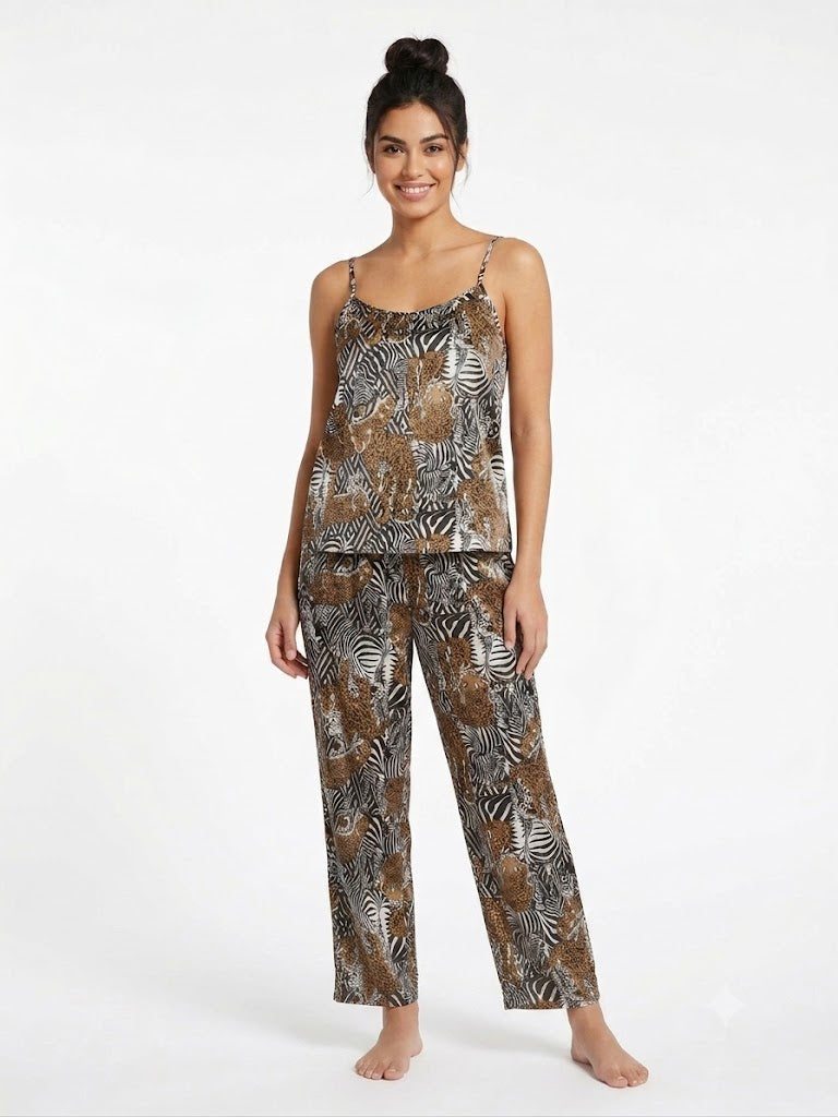 Conjunto de Pijama de Satén de 2 Piezas para Mujer: Camisola y Pantalones Estampado Leopardo-Cebra