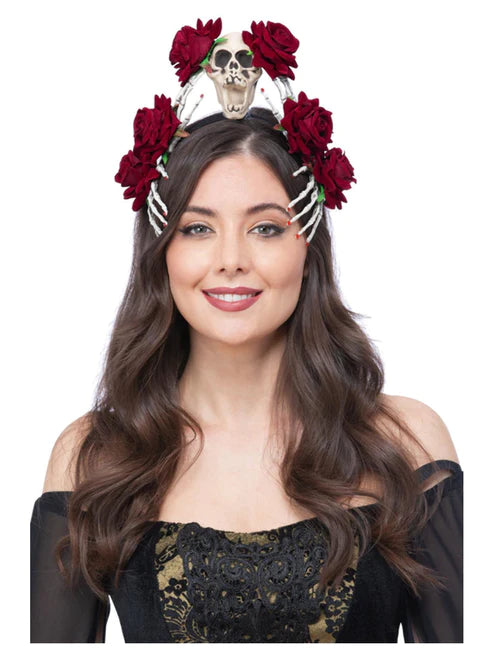 Diadema de mano con calavera y rosa morada