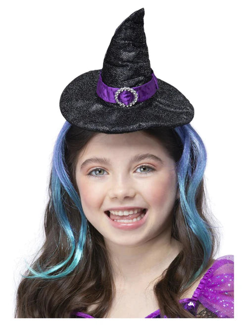 Diadema de bruja con brillantina y cabello