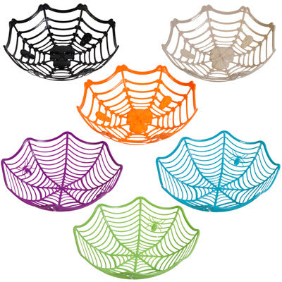 Web 3-D Basket w/ Spider or  Skull Accents Plastic  6AST Colors 11IN DIA X 3IN H
