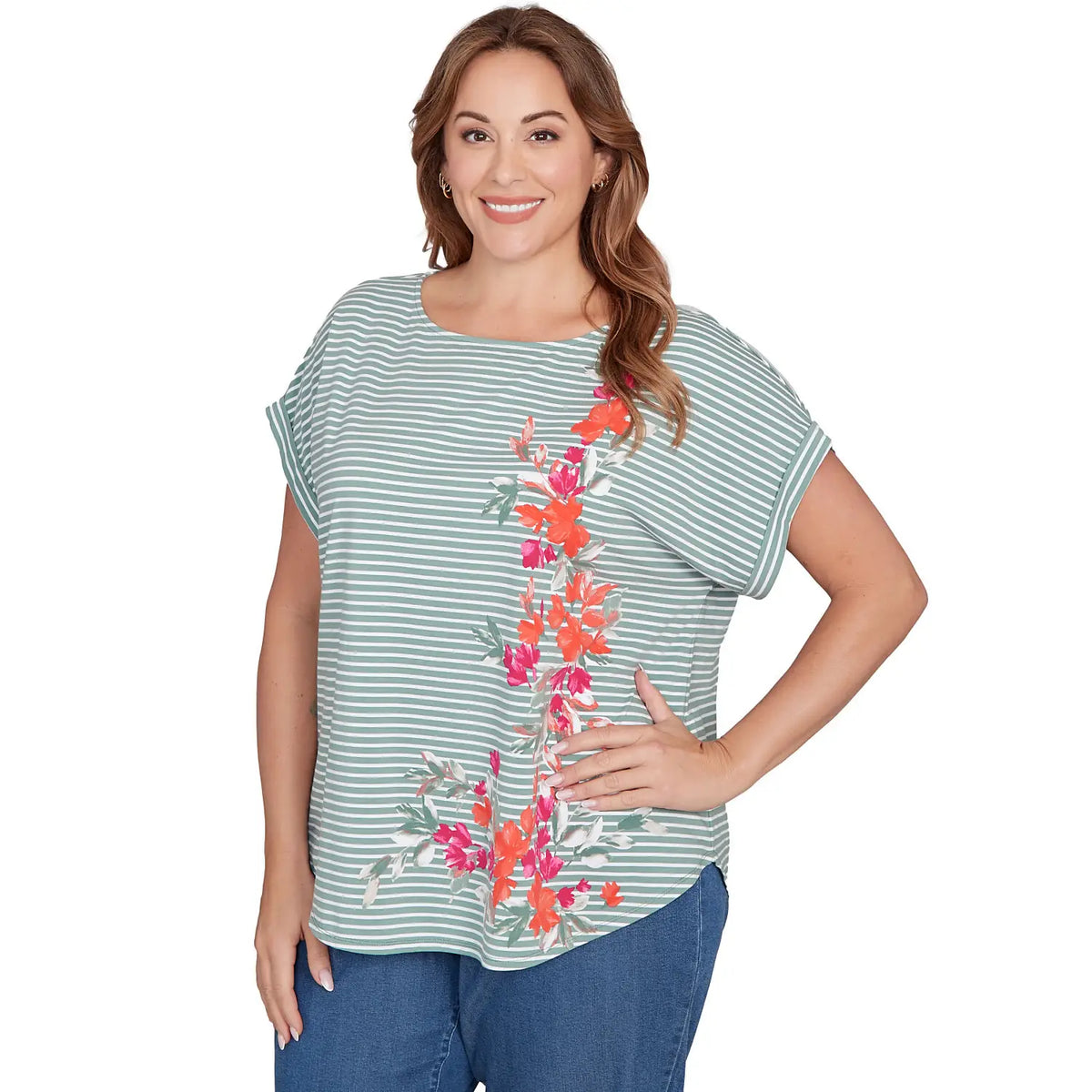 Camiseta de punto de rayas florales talla grande Plus Bayleaf Multi - Ruby Rd